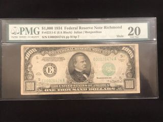 1934 $1000 Federal Reserve Note Bill Richmond Mule Note,  Pmg Vf20,  Fr 2211 - E
