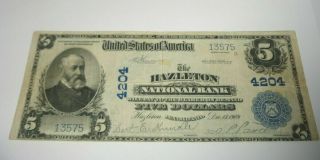 1909 $5 The Bank Of Hazleton National Currency Banknote Blue Seal Note Dec 15