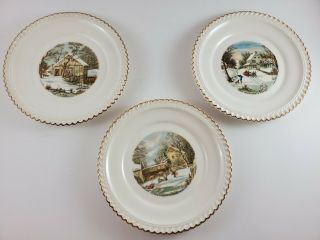Harkerware Currier And Ives Set Of 3 Collectors Plates Winter Scenes