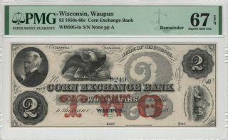 1850s $2 Corn Exchange Bank Waupun Wisconsin Obsolete Note Pmg Gem 67 Epq