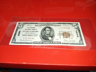 1929 5 The Central Bank Of Spartanburg South Carolina In Circulated No