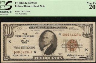 1929 $10 Dollar Key Dallas Fr Bank Note National Currency Money Fr 1860 - K Pcgs