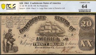 1861 $20 Dollar Confederate States Currency Civil War Note Money T18 1st Pcgs 64