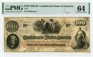 1862 T - 41 $100 The Confederate States Of America Note - Civil War Era Pmg Cu 64