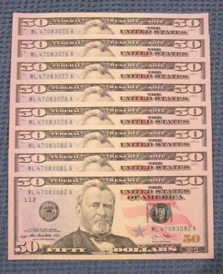 Collectible $400 Uncirculated Fifty $50 Dollar Bills In Sequential Order