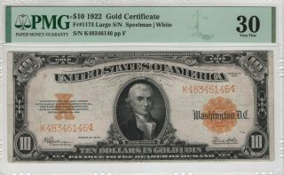 1922 $10 Gold Certificate Note Large S/n Fr.  1173 Pmg Very Fine Vf 30 (146)