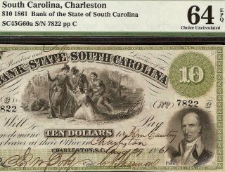Large 1861 $10 Dollar South Carolina Bank Note Currency Paper Money Pmg 64 Epq