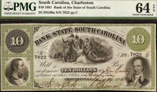 LARGE 1861 $10 DOLLAR SOUTH CAROLINA BANK NOTE CURRENCY PAPER MONEY PMG 64 EPQ 2