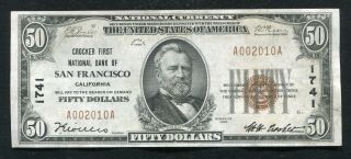 1929 $50 Crocker First National Bank Of San Francsico,  Ca Ch.  1741 Xf,