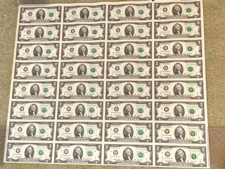 2003 Series A $2 Two Dollar Federal Reserve Notes Uncut Sheet Of 32 Bep Issue