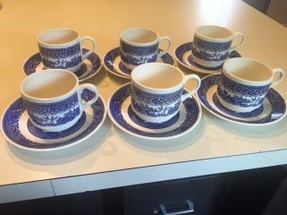 Set/6 Vintage Scio Usa Blue Willow Stackable Flat Cups And Saucers Discontinued