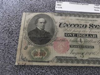 1862 $1 Legal Tender Large Note - 1st Year of Notes.  F - 17A.  Decent Note For Age 3