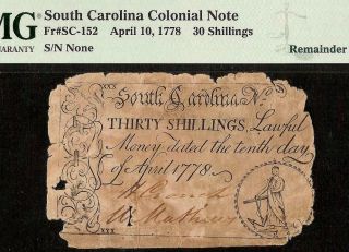 1778 Hope & Anchor South Carolina Colonial Currency Note Paper Money Sc - 152 Pmg