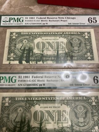 1981 $1 FEDERAL RESERVE NOTE CHICAGO PMG INK SMEAR ERROR 65 EPQ 3 Consecutive 2