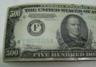 1934 A LAMINATED $500.  00 Federal Reserve Note - VF - XF with Details F00072715 A 2