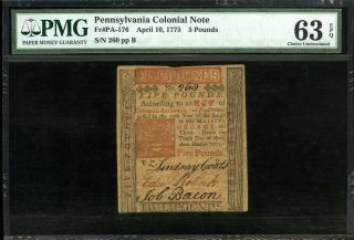 $5 Pounds Pa Colonial April 10,  1775 Pmg 63 Epq Choice Uncirculated Look