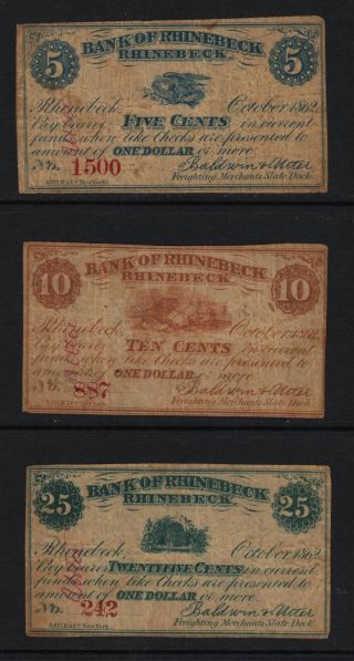 1862 Bank Of Rhinebeck Ny Obsolete Fractional Notes 5c 10c 25c Circulated
