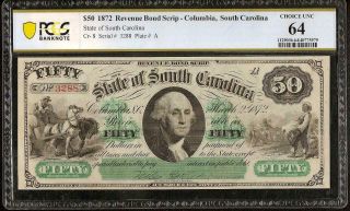 Large 1872 $50 Dollar Bill South Carolina Note Currency Paper Money 1st Pcgs 64