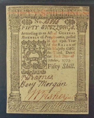 1773 Pennsylvania 50 Shillings Colonial Note,  PMG Choice AUNC - 58. 3