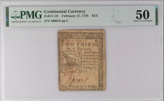 Continental Currency Fr Cc - 22 Feb.  17,  1776 $2/3 Pmg 50 Fugio