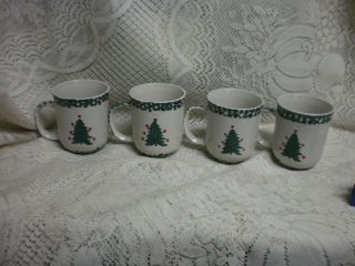 (4) Christmas Folk Craft Winter Wonderland Stoneware Cups By Tienshan