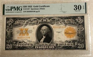 $20 Gold Certificate Series 1922,  Pmg Very Fine 30 Epq Large Size Note