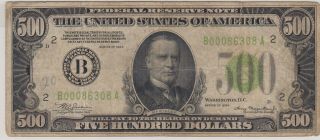 $500.  Five Hundred Dollar Bill.  Federal Reserve Note Series 1934 A B Washington.