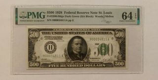1928 $500 Federal Reserve Note St.  Louis,  Pmg Cu64 Epq,  Fr 2200 - H (dgs)