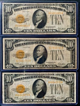 Three Series 1928 $10 Gold Certificates