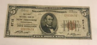 Freedom,  Pennsylvania,  The First National Bank $5.  1929,  Type 1