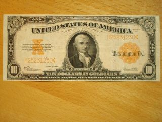 1922 $10.  00 Ten Dollar Gold Certificate Note Problem Fine - Vf Nr