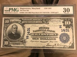 Hagerstown Maryland,  First National Bank 1902.  $10 Pb,  Vf30