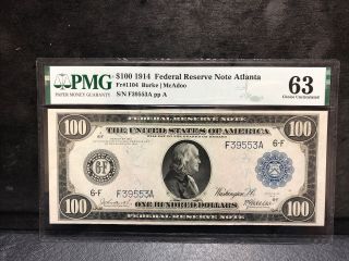 1914 $100 Federal Reserve Note Fr1104 Pmg 63 Burke/mccadoo,  Atlanta