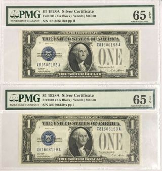 1928 A $1 Silver Certificates Fr - 1601,  Set Of 2 Consecutive Serial,  Pmg 65 Epq