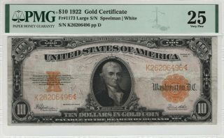 1922 $10 Gold Certificate Note Large S/n Fr.  1173 Pmg Very Fine Vf 25 (496)