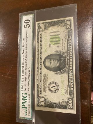 $500 1934 Boston Five Hundred Dollar Bill Pmg 50 Fr.  2201 “low Serial ”