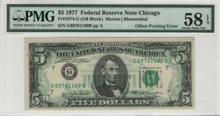 1977 $5 Federal Reserve Note Offset Printing Error Pmg Choice Au 58 Epq (189b)