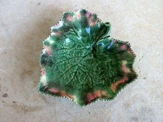 Bordallo Pinheiro Green Leaf Shaped Plate Red Accent Figural Leaves