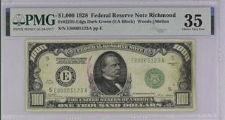 1928 $1000 Richmond ONE THOUSAND DOLLAR BILL PMG 35 3