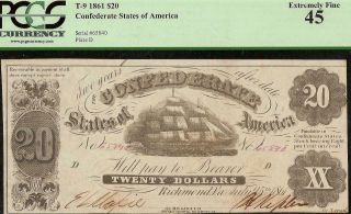 1861 $20 Confederate States Of America Currency Civil War Note T - 9 Pcgs 45