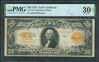 $20 Gold Certificate Series 1922,  Pmg Very Fine 30 Epq