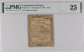 Continental Currency Fr Cc - 19 February 17,  1776 $1/6 Pmg 25 Problem Fugio