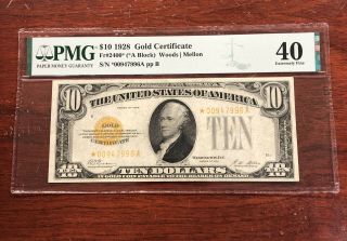 1928 $10 Gold Certificate Star Note Woods/mellon Fr 2400 Pmg Ef40 Minor Repairs