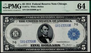 Sc 1914 $5 Fr.  871a Federal Reserve Note Chicago Pmg 64 Uncirculated Fresh Holder