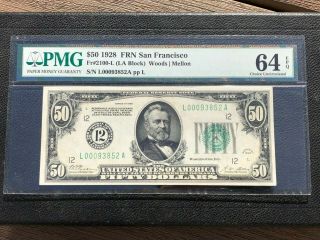1928 $50 Federal Reserve Note San Francisco Fr 2100 - L (la Block) Pmg 64 Epq