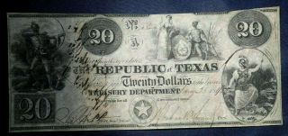 1840 $20 Republic Of Texas Note - Scarce - Cancelled