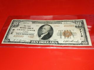 1929 10 Type 2 The First National Bank Of Grand Tower,  Illinois With Low Serial
