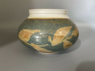 Hand Painted Studio Art Pottery Stoneware Bowl Signed Lara Green Tan Glaze