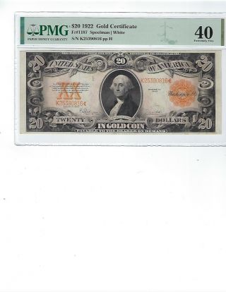 1922 $20 Gold Certificate Fr1187 Pmg 40 Xf Spellman/white