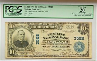 1902 $10 The Fidelity National Bank Of Spokane,  Wa Fr.  625 Pb Charter 3528 Vf20